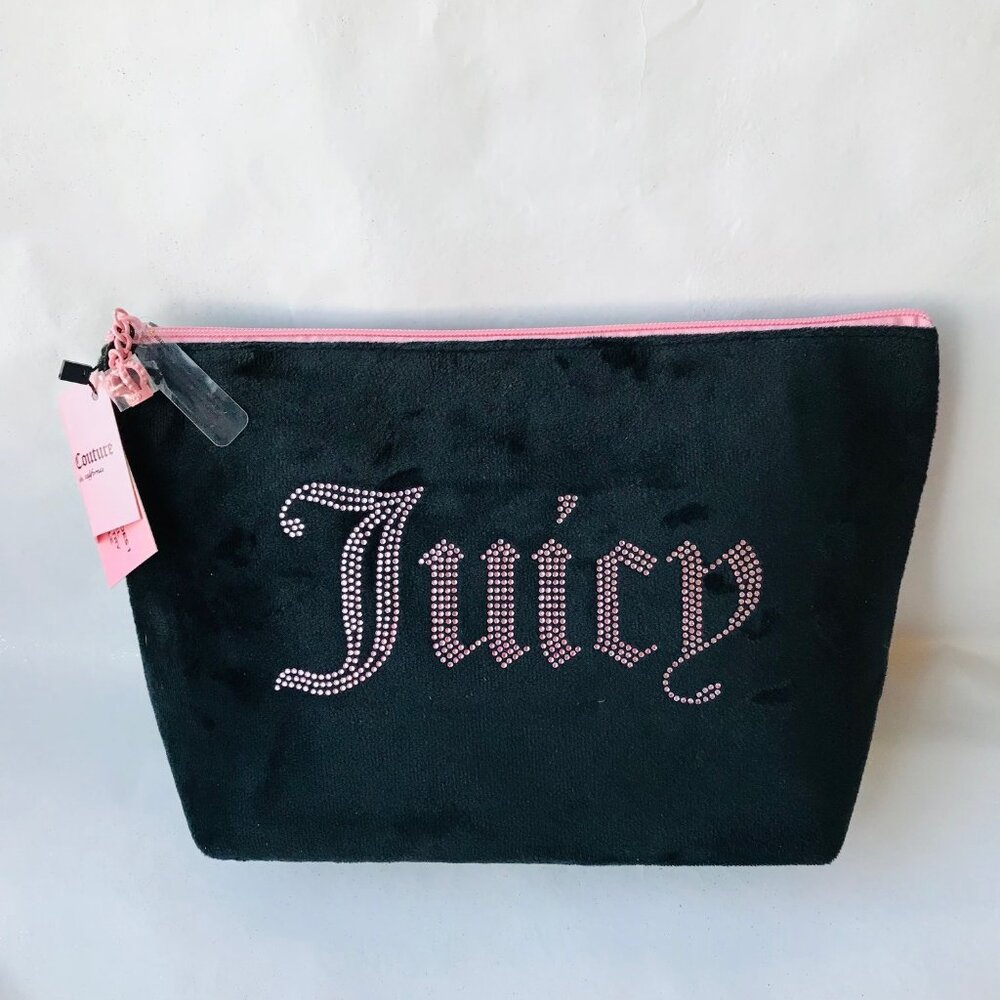 Juicy Couture Travel Black Cosmetic Bag Terry Velour w 1 Toiletry Bottle 7.5x11"